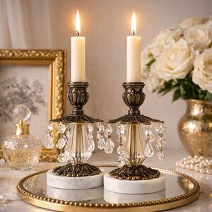 Brass Crystal Taper Candlesticks Set of 2 Marble Base VTG Romantic Regency Decor